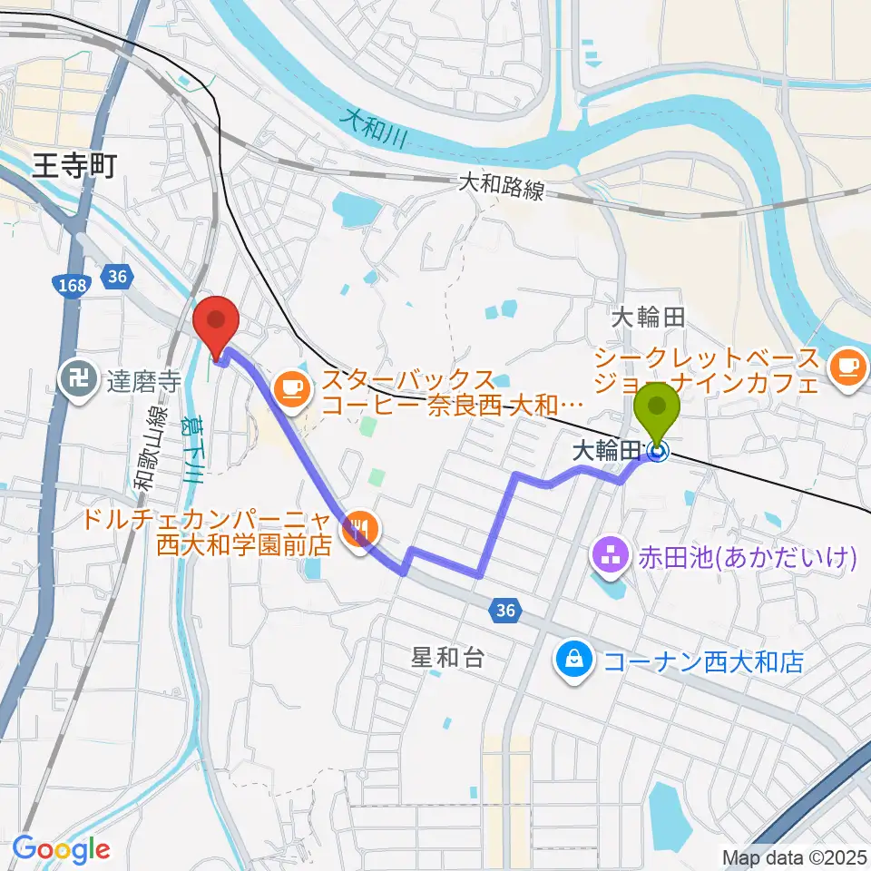大輪田駅からミュージックスタジオ シグナスへのルートマップ地図
