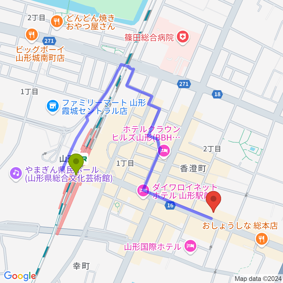 山形サンディニスタの最寄駅山形駅からの徒歩ルート（約8分）地図