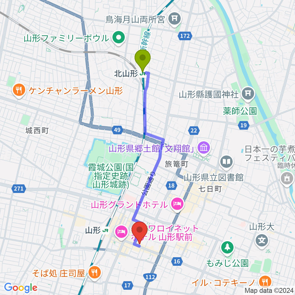 北山形駅から山形サンディニスタへのルートマップ地図