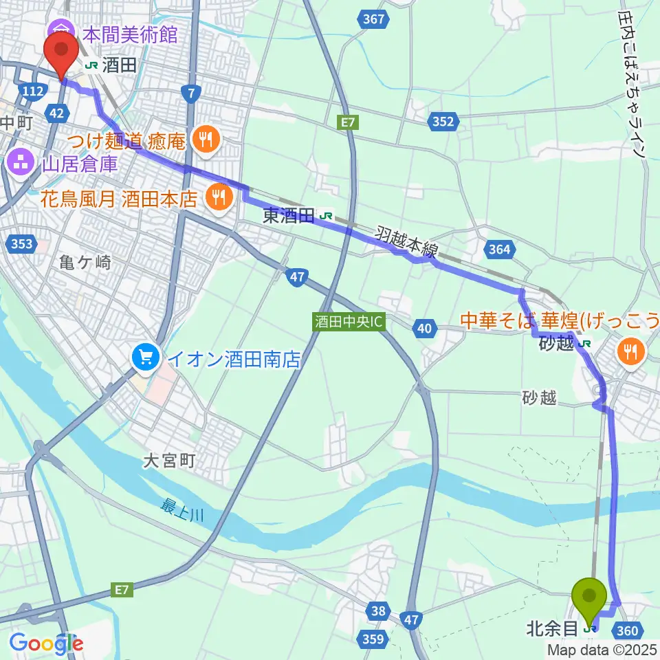 北余目駅から酒田MUSIC FACTORYへのルートマップ地図