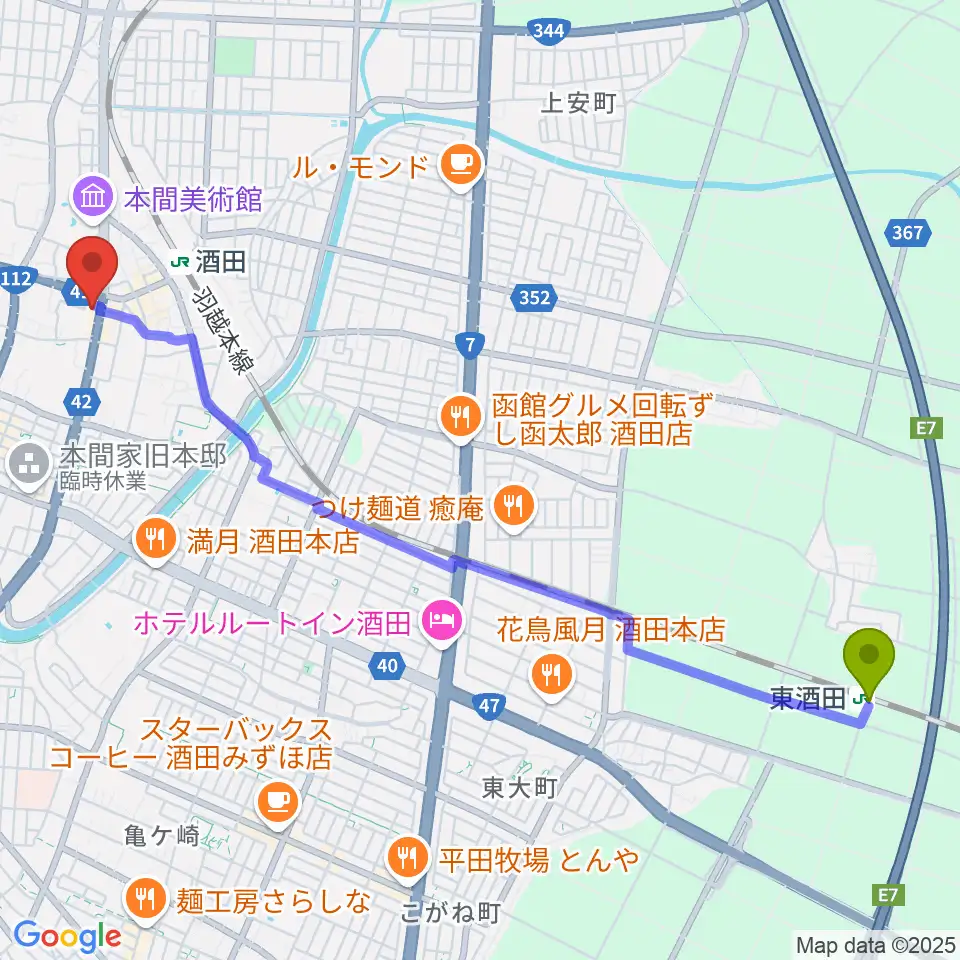 東酒田駅から酒田MUSIC FACTORYへのルートマップ地図