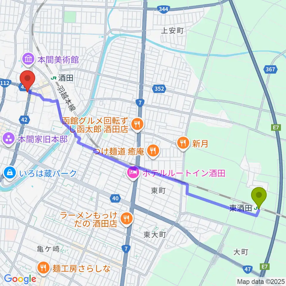 東酒田駅から酒田MUSIC FACTORYへのルートマップ地図
