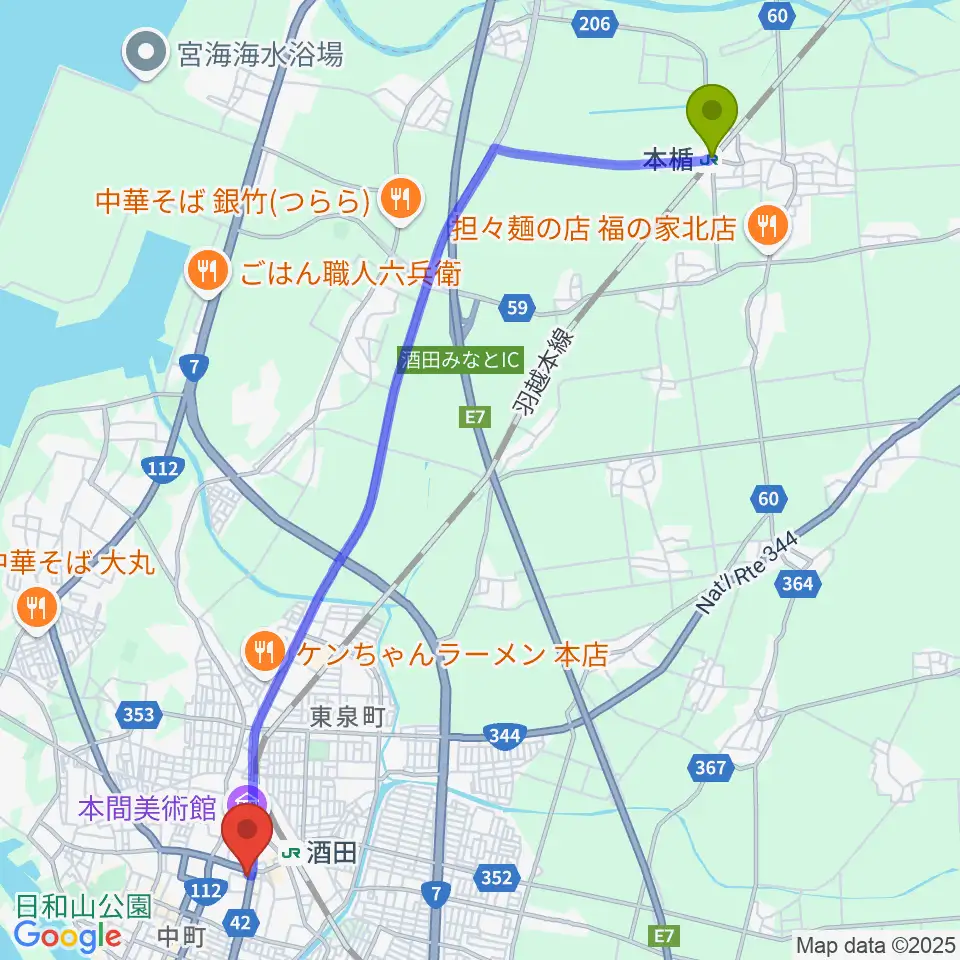 本楯駅から酒田MUSIC FACTORYへのルートマップ地図