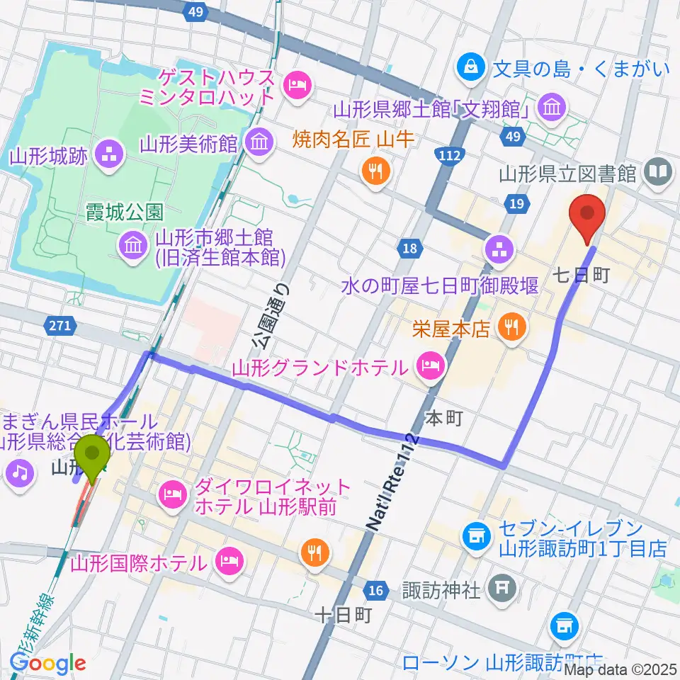 山形ノイジーダックの最寄駅山形駅からの徒歩ルート（約24分）地図