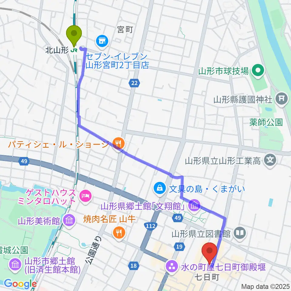 北山形駅から山形ノイジーダックへのルートマップ地図