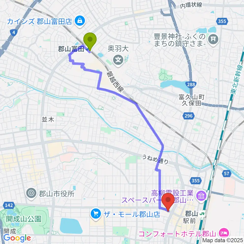 郡山富田駅から郡山ヒップショットへのルートマップ地図