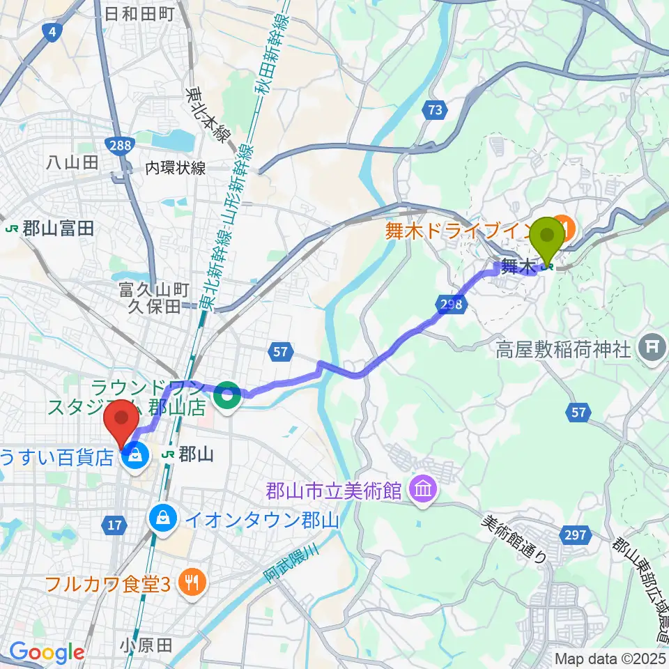 舞木駅から郡山ヒップショットへのルートマップ地図