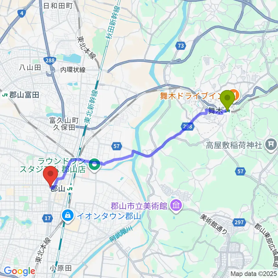 舞木駅から郡山ヒップショットへのルートマップ地図