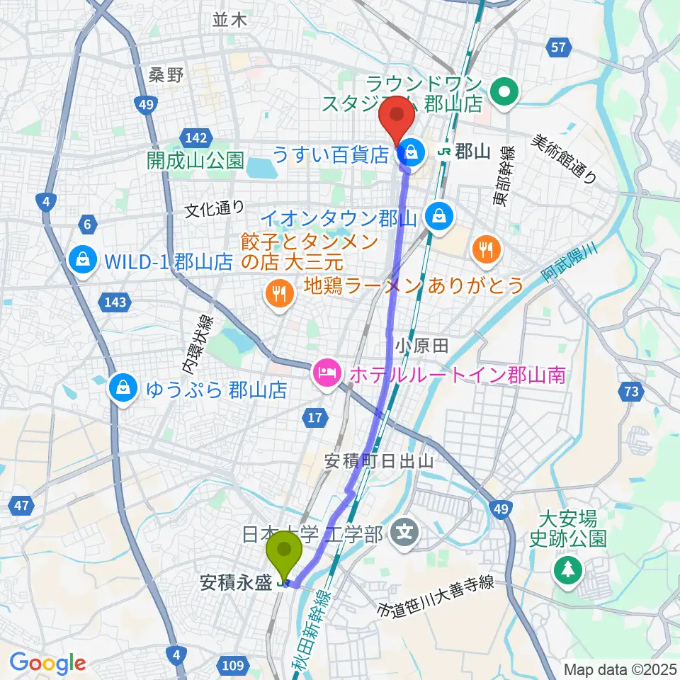 安積永盛駅から郡山ヒップショットへのルートマップ地図