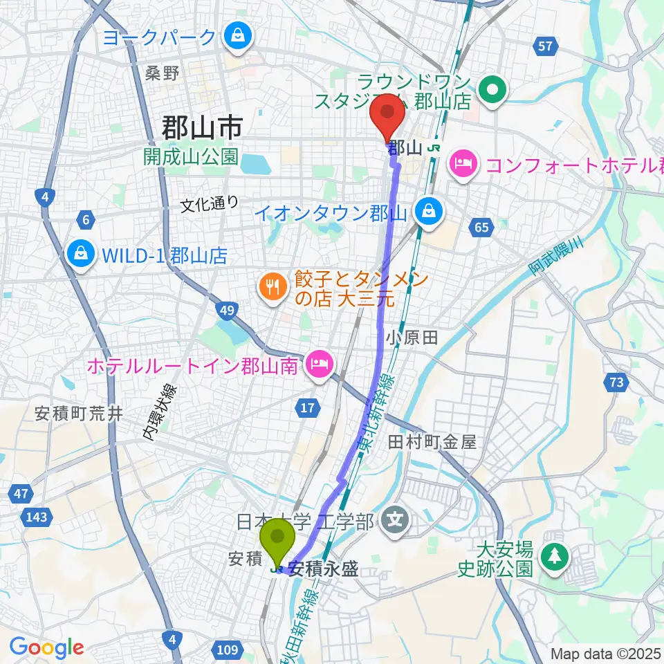 安積永盛駅から郡山ヒップショットへのルートマップ地図