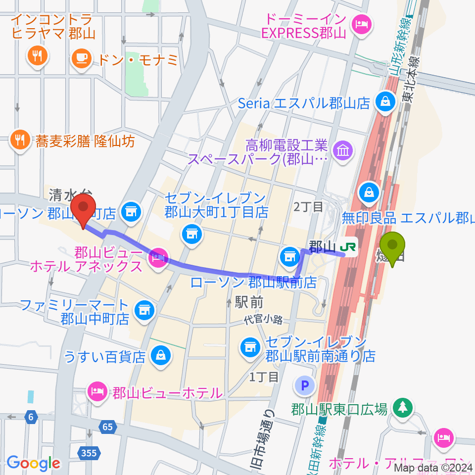 郡山ヒップショットの最寄駅郡山駅からの徒歩ルート（約10分）地図