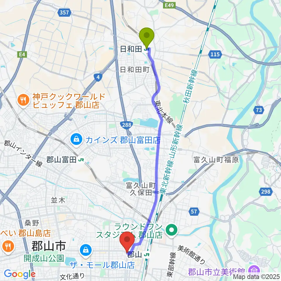 日和田駅から郡山ヒップショットへのルートマップ地図