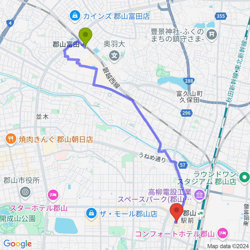 郡山富田駅から郡山PEAK ACTIONへのルートマップ地図