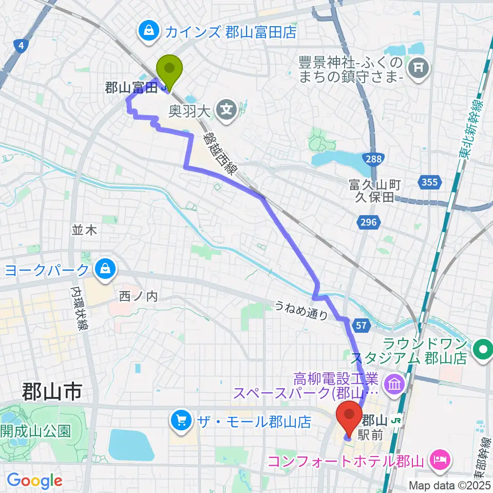 郡山富田駅から郡山PEAK ACTIONへのルートマップ地図