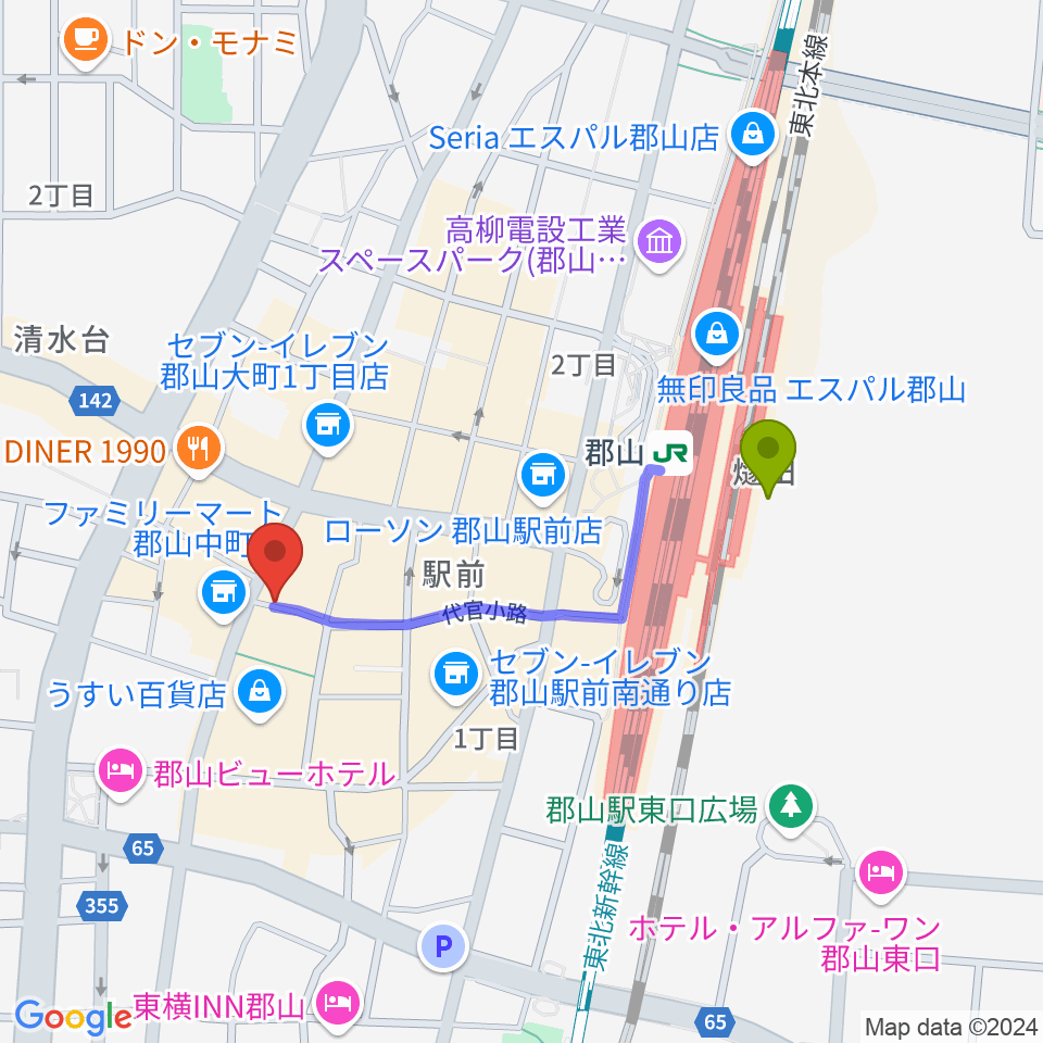 郡山PEAK ACTIONの最寄駅郡山駅からの徒歩ルート（約7分）地図