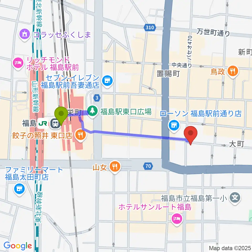 福島 CLUB NEOの最寄駅福島駅からの徒歩ルート（約8分）地図