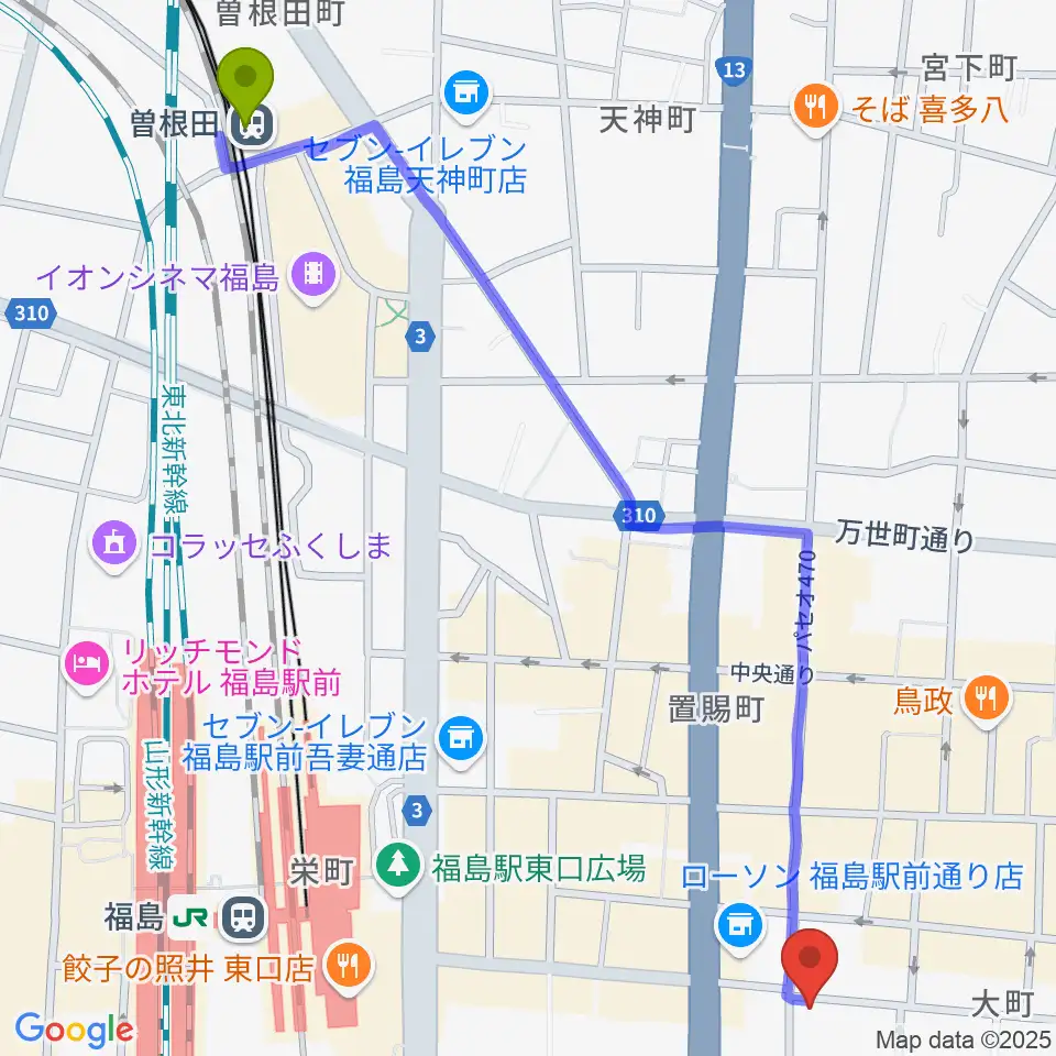 曽根田駅から福島 CLUB NEOへのルートマップ地図