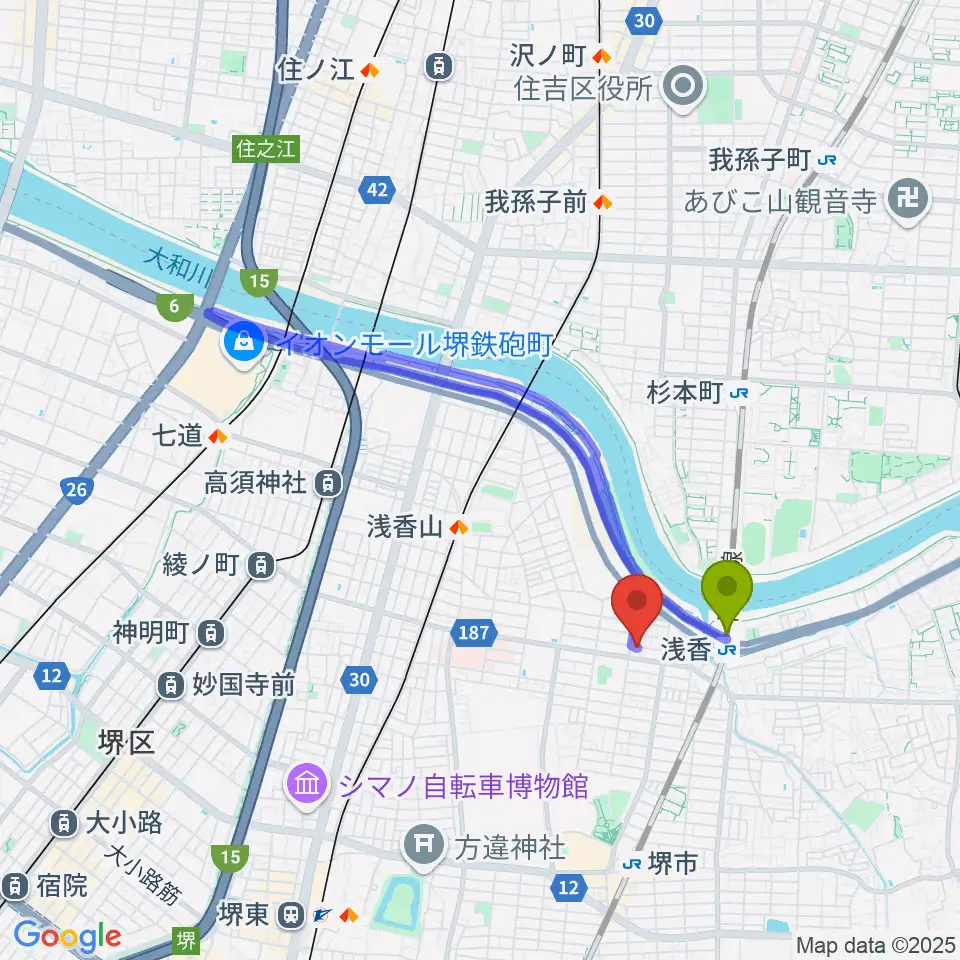 Ise Drum 教室の最寄駅浅香駅からの徒歩ルート（約6分）地図