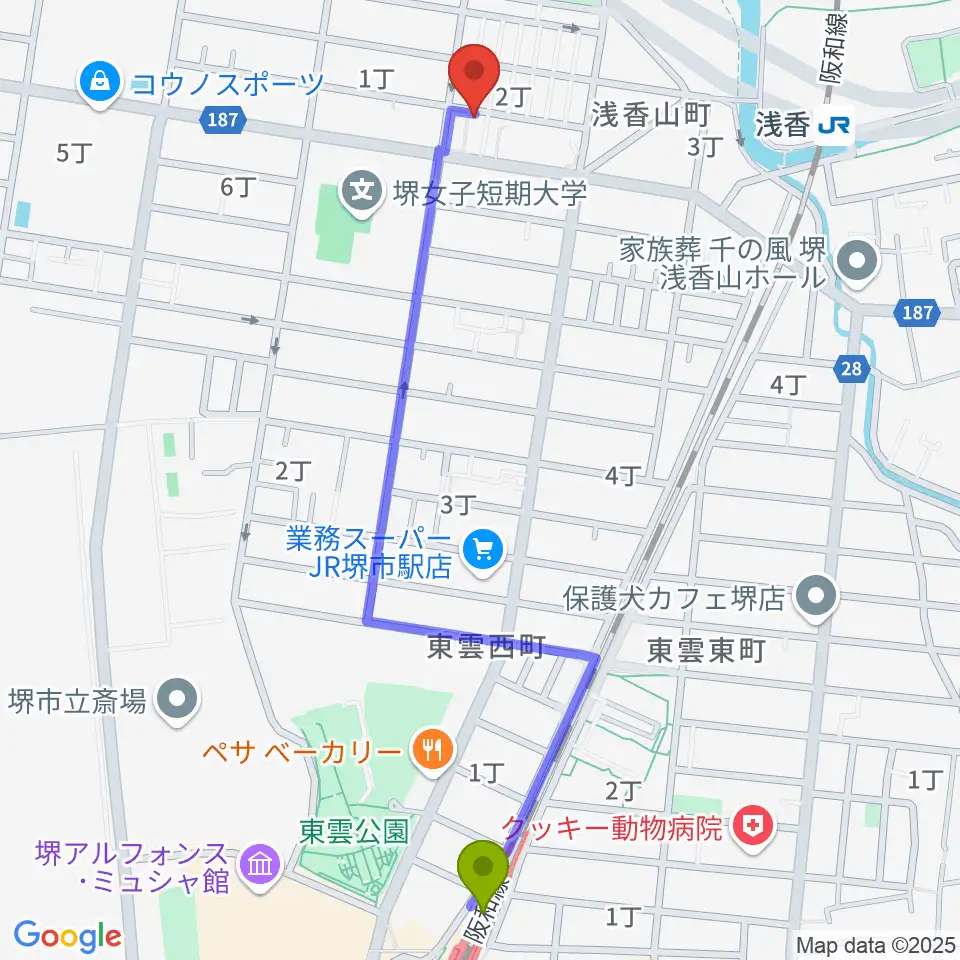 堺市駅からIse Drum 教室へのルートマップ地図