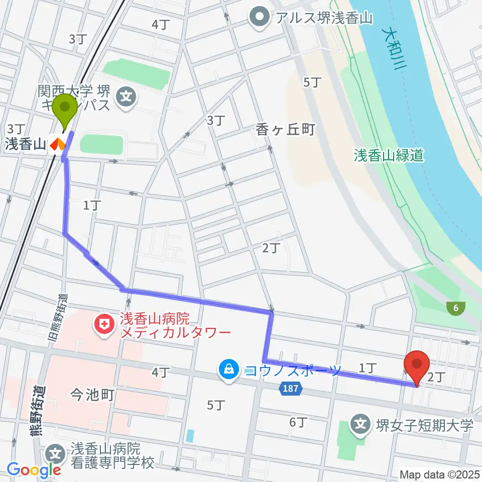 浅香山駅からIse Drum 教室へのルートマップ地図