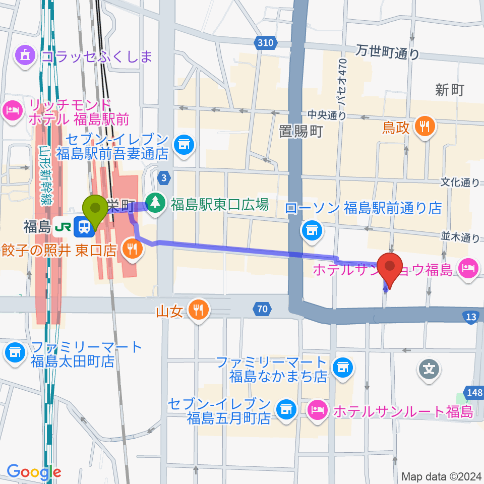 福島C-moonの最寄駅福島駅からの徒歩ルート（約9分）地図