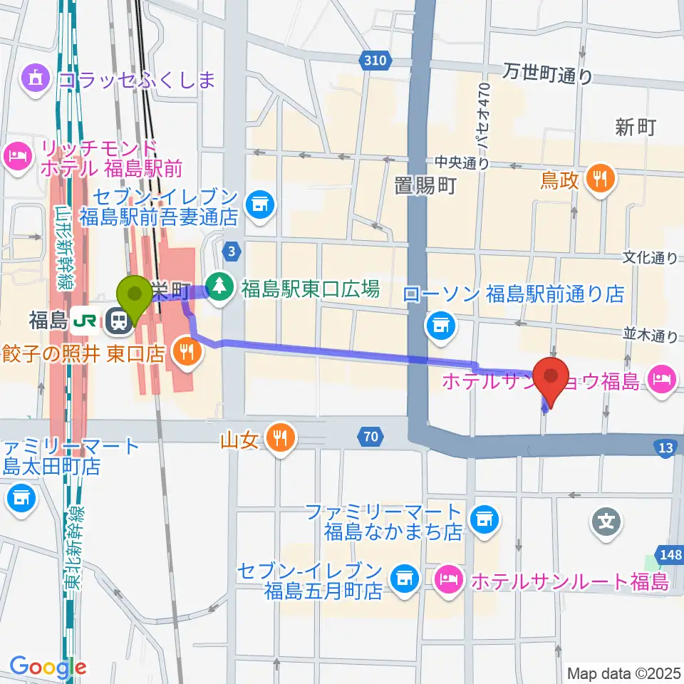 福島C-moonの最寄駅福島駅からの徒歩ルート（約9分）地図