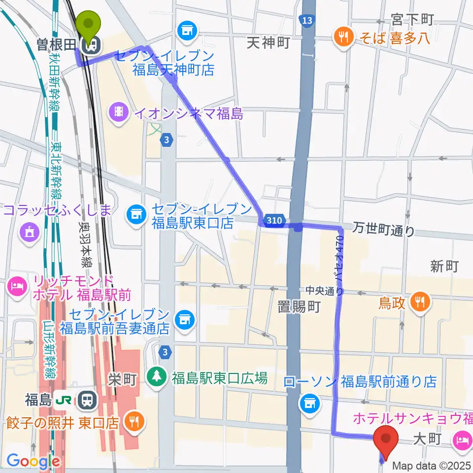 曽根田駅から福島C-moonへのルートマップ地図