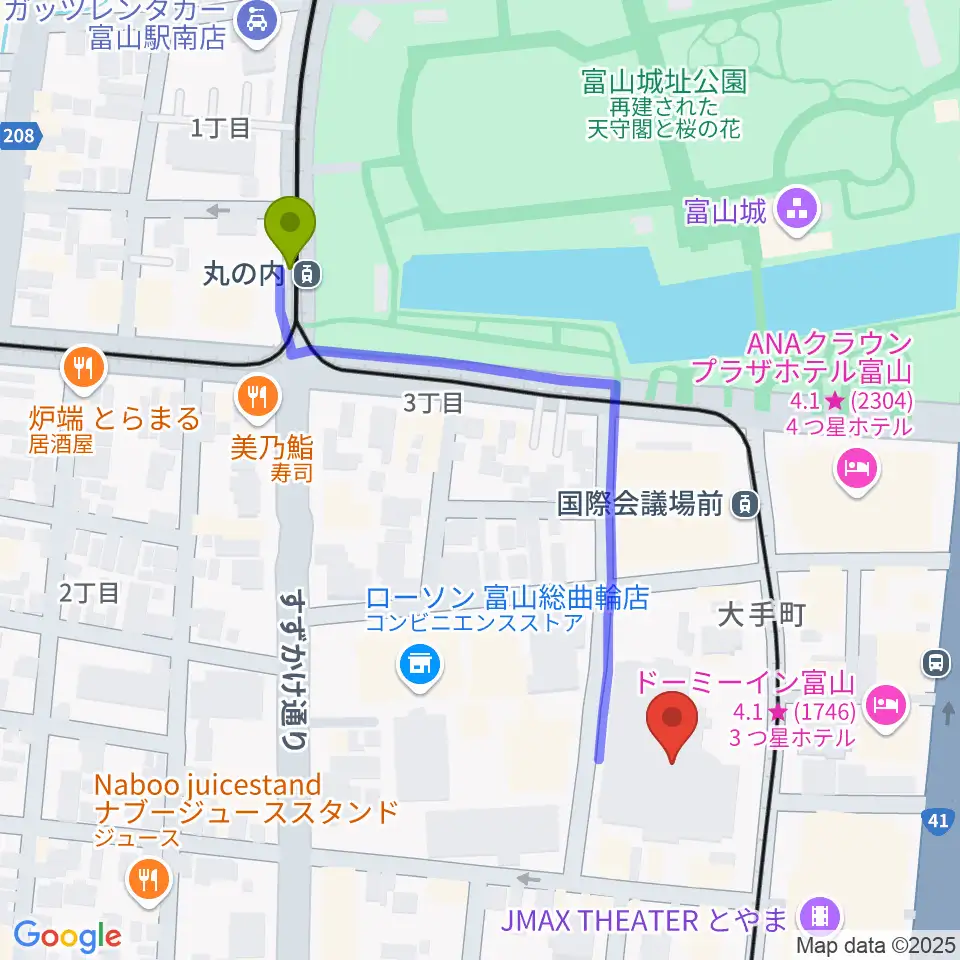 丸の内駅から富山市民プラザへのルートマップ地図