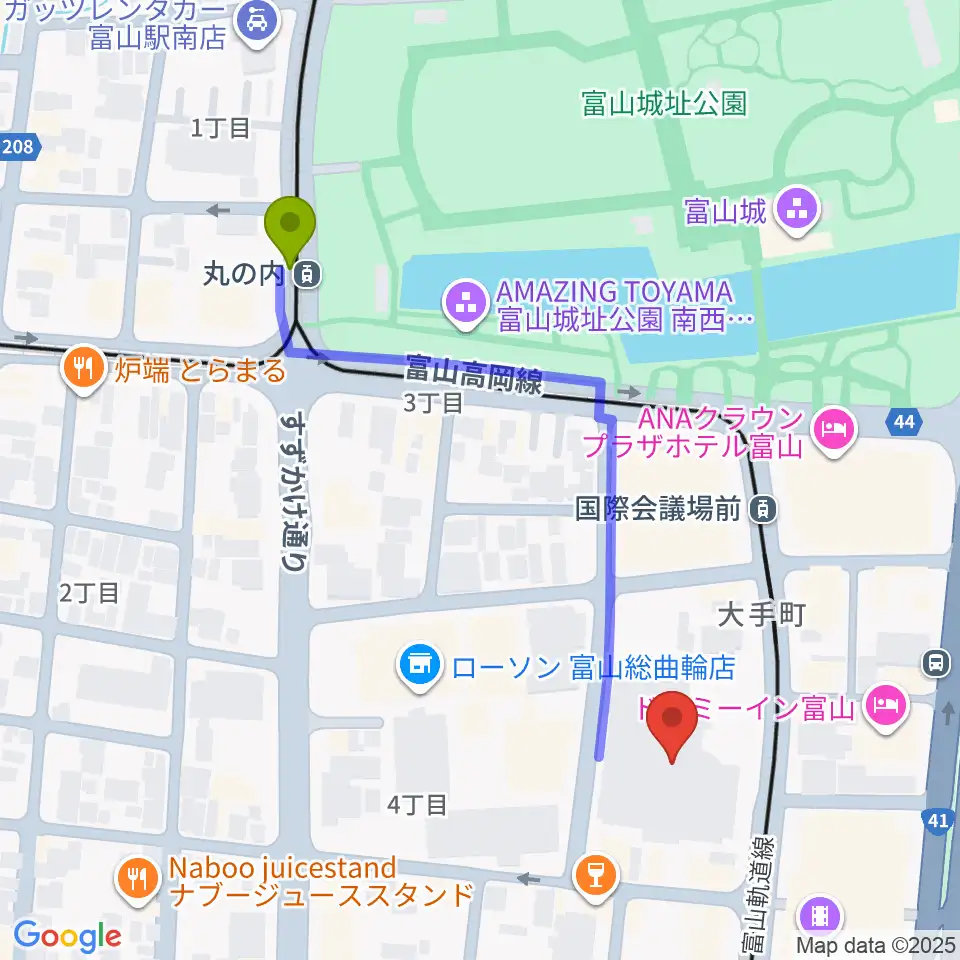 丸の内駅から富山市民プラザへのルートマップ地図