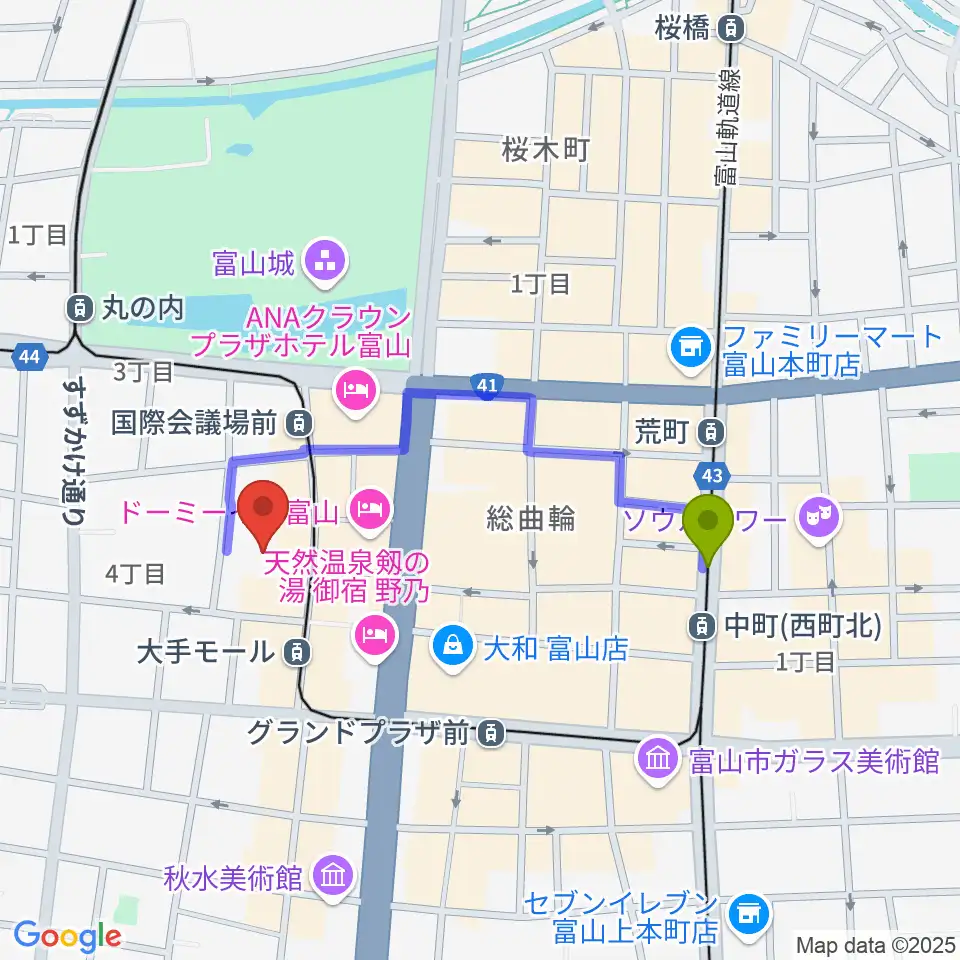 中町（西町北）駅から富山市民プラザへのルートマップ地図