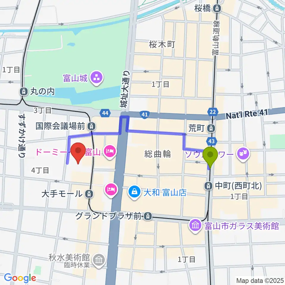 中町（西町北）駅から富山市民プラザへのルートマップ地図