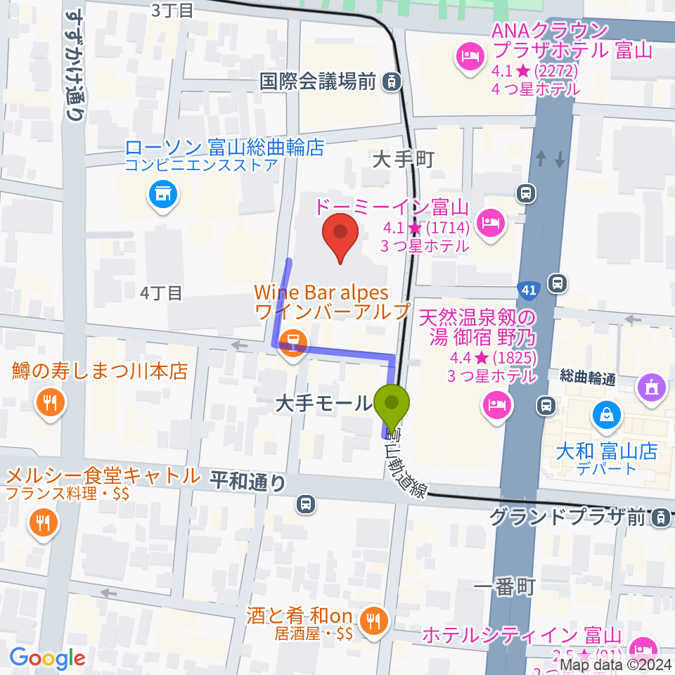 富山市民プラザの最寄駅大手モール駅からの徒歩ルート（約2分）地図