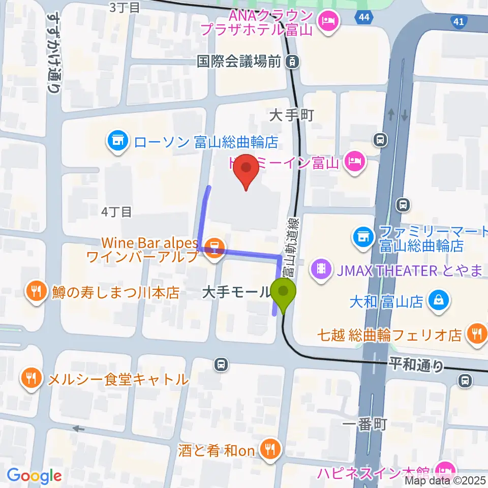 富山市民プラザの最寄駅大手モール駅からの徒歩ルート（約2分）地図