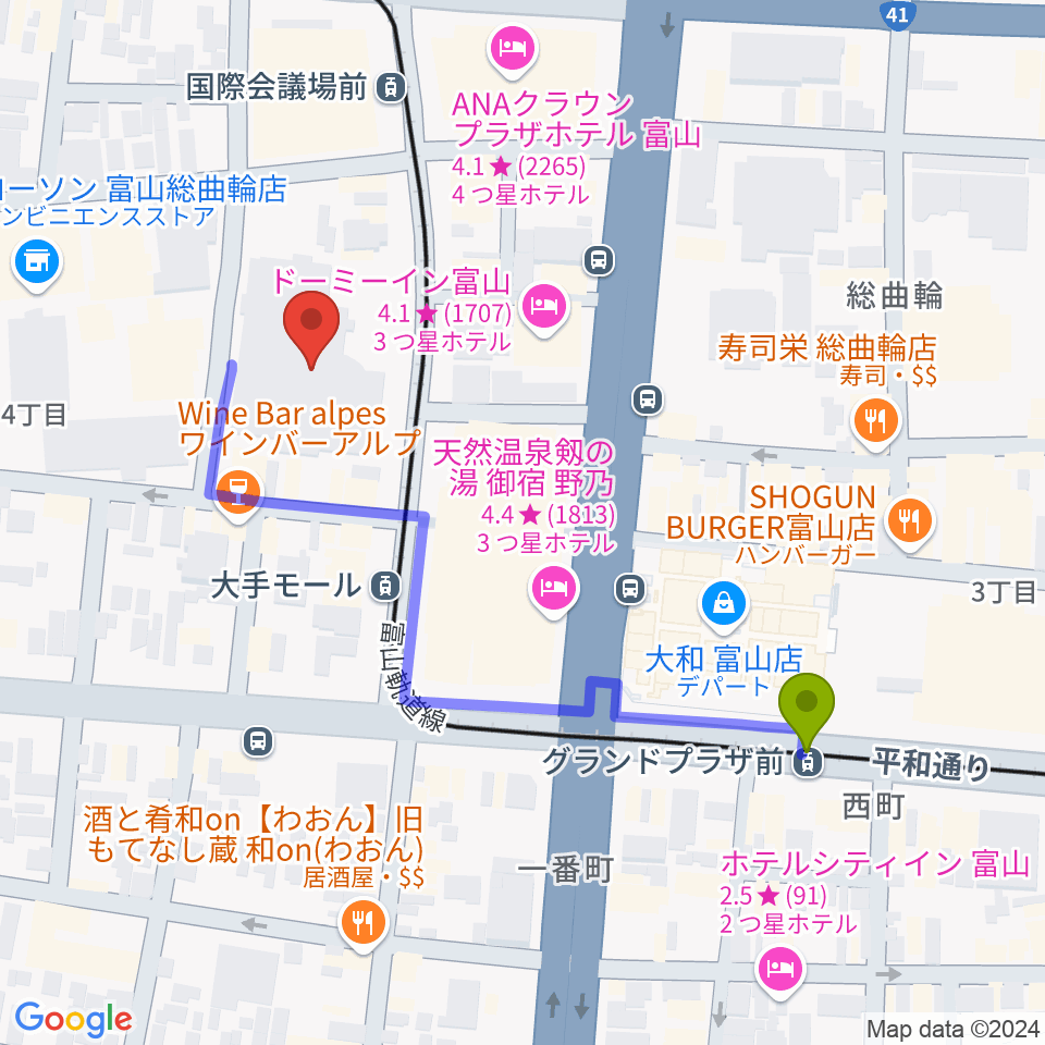 グランドプラザ前駅から富山市民プラザへのルートマップ地図