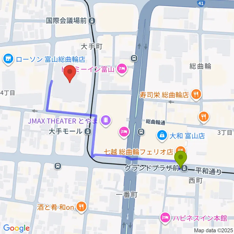 グランドプラザ前駅から富山市民プラザへのルートマップ地図