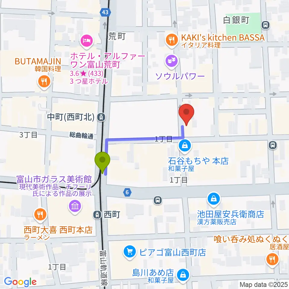 西町駅から富山サマーナイトへのルートマップ地図