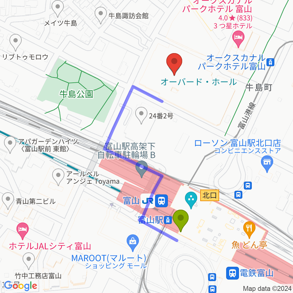 オーバード・ホールの最寄駅富山駅からの徒歩ルート（約4分）地図