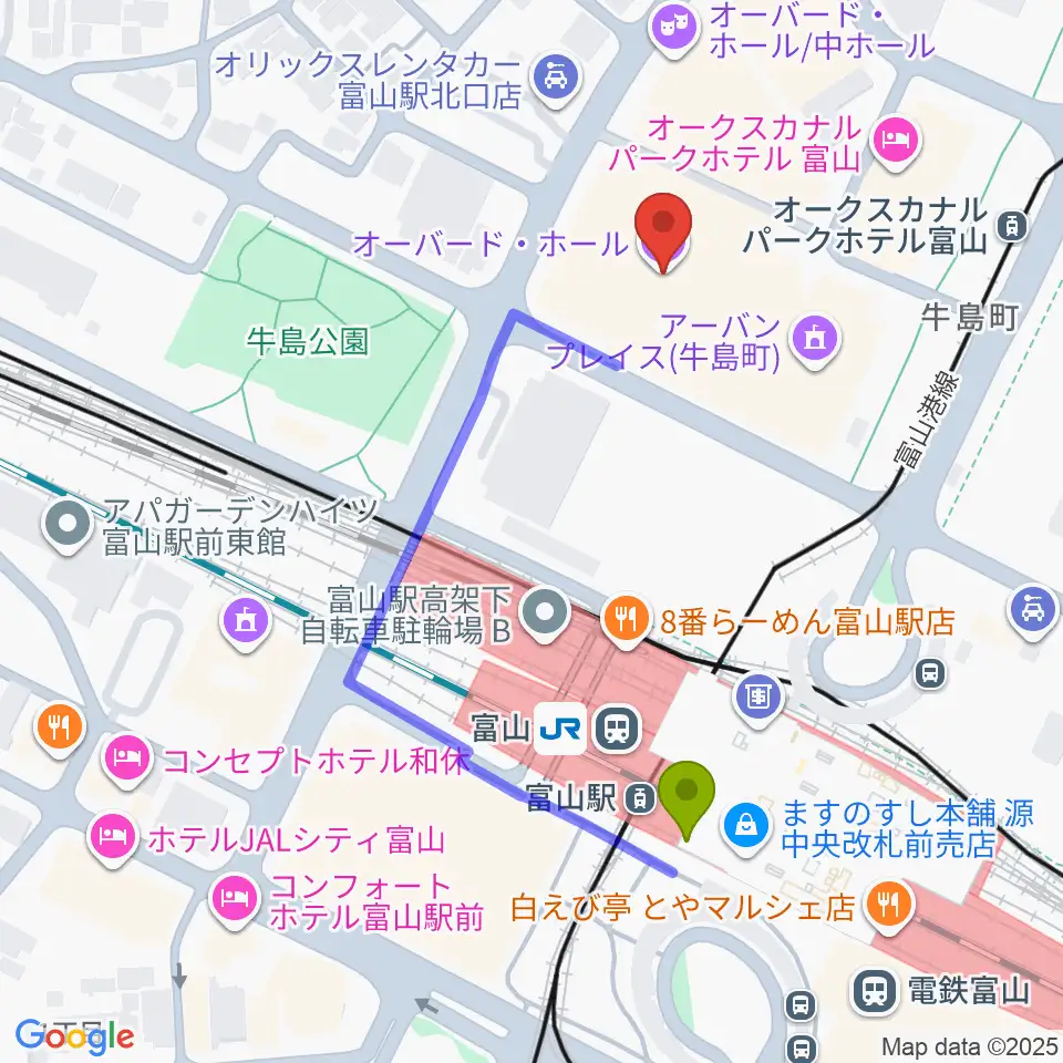 オーバード・ホールの最寄駅富山駅からの徒歩ルート（約4分）地図