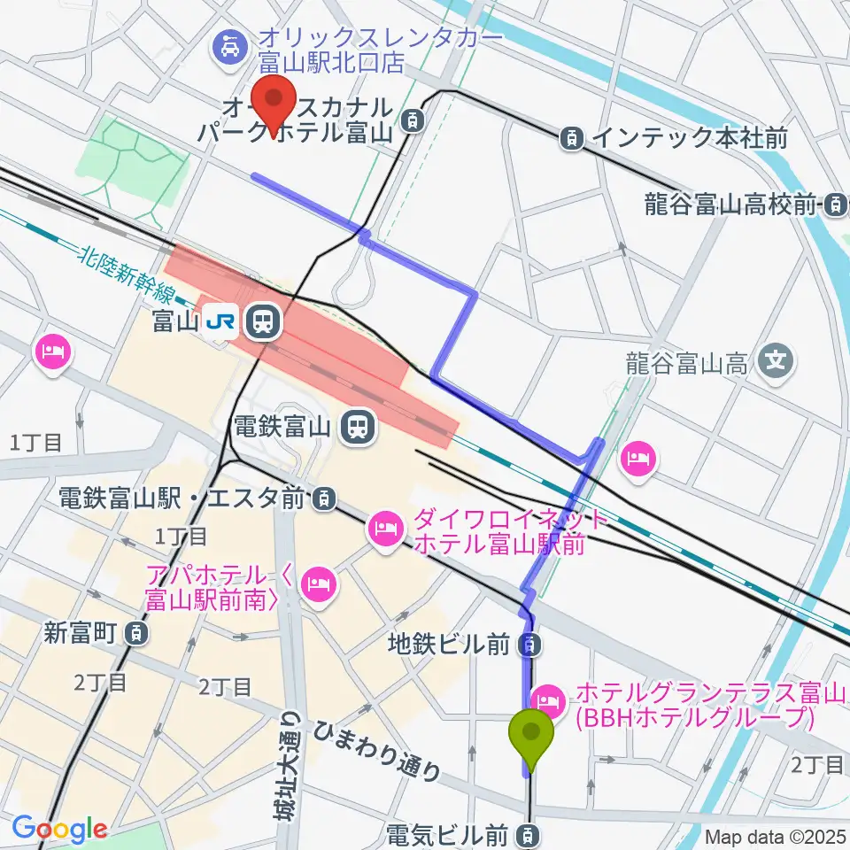 電気ビル前駅からオーバード・ホールへのルートマップ地図