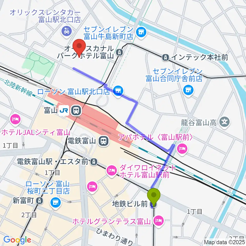 地鉄ビル前駅からオーバード・ホールへのルートマップ地図