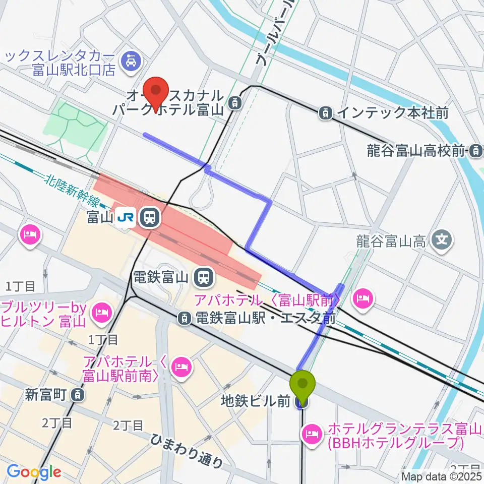 地鉄ビル前駅からオーバード・ホールへのルートマップ地図