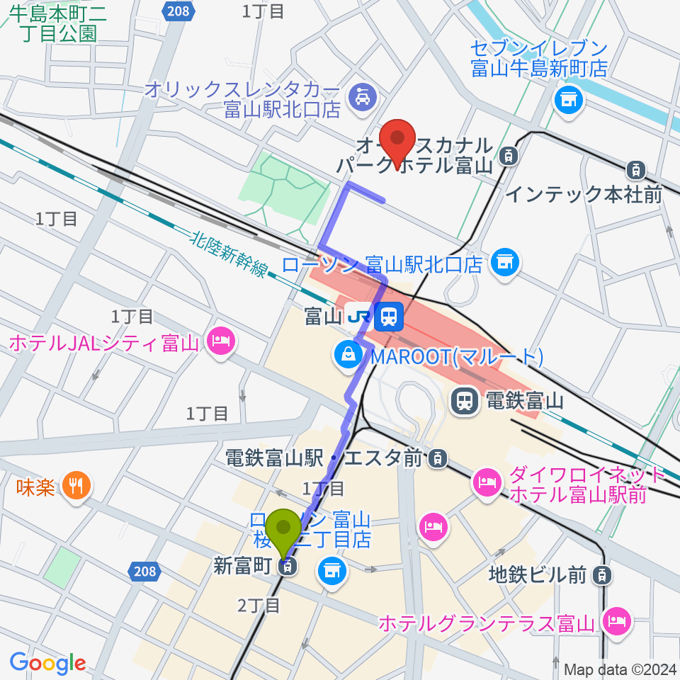 新富町駅からオーバード・ホールへのルートマップ地図