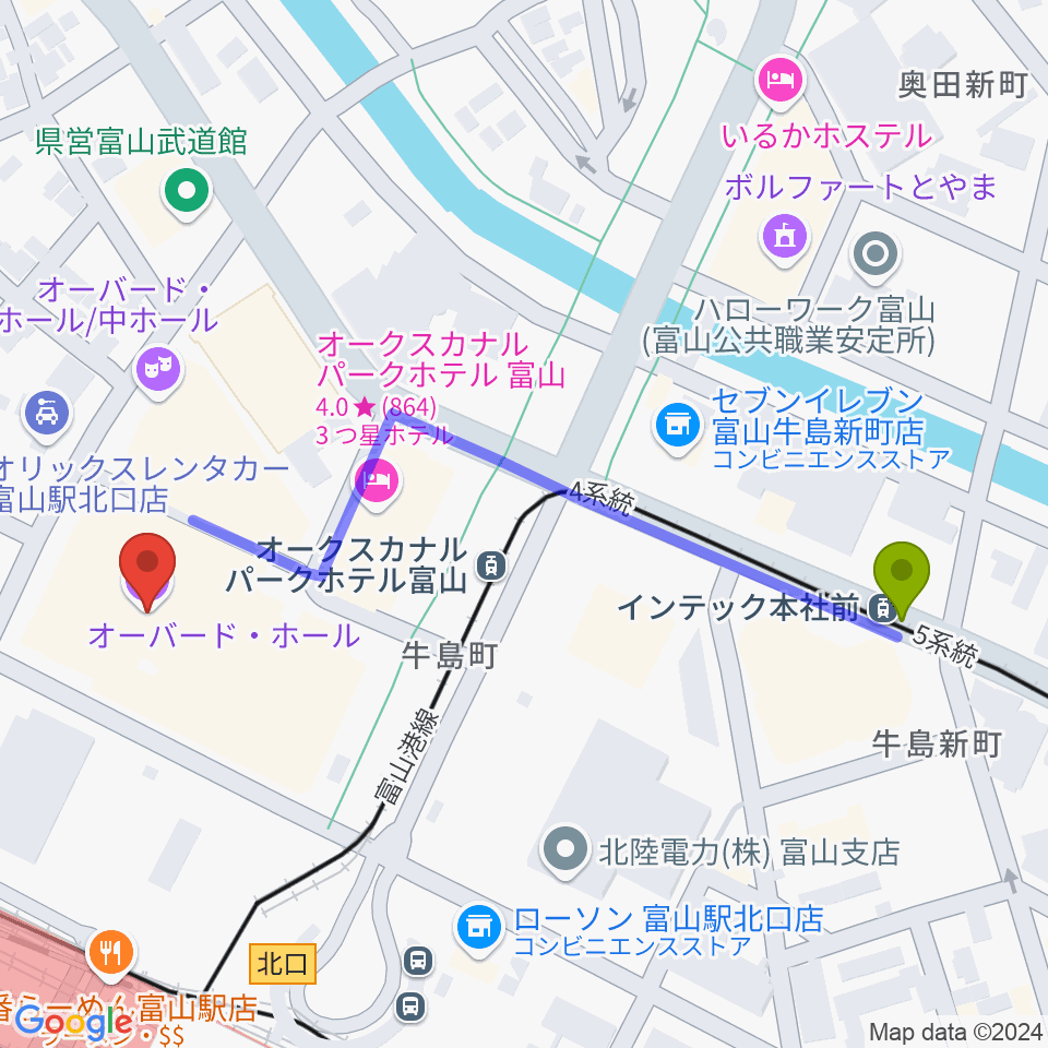 インテック本社前駅からオーバード・ホールへのルートマップ地図