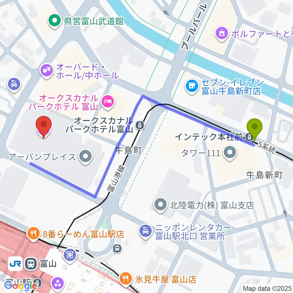インテック本社前駅からオーバード・ホールへのルートマップ地図
