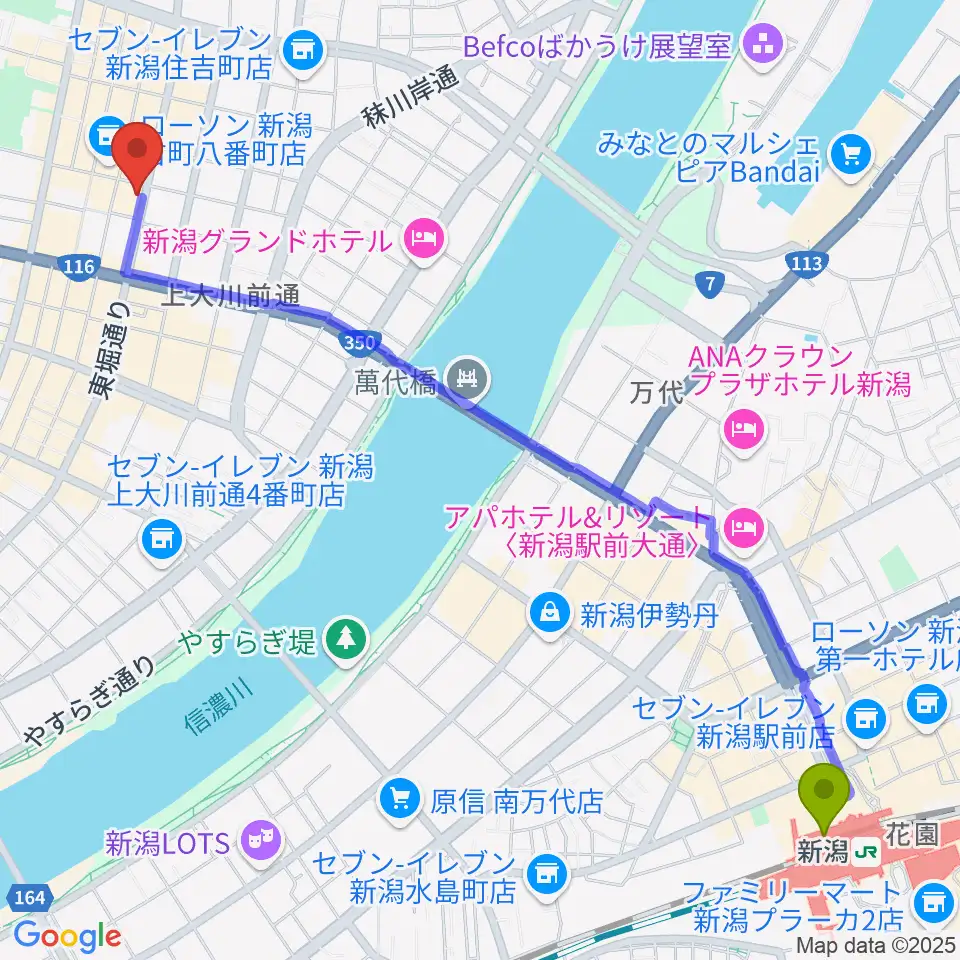 ジョイアミーアの最寄駅新潟駅からの徒歩ルート（約29分）地図