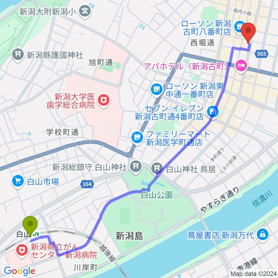 白山駅からジョイアミーアへのルートマップ地図