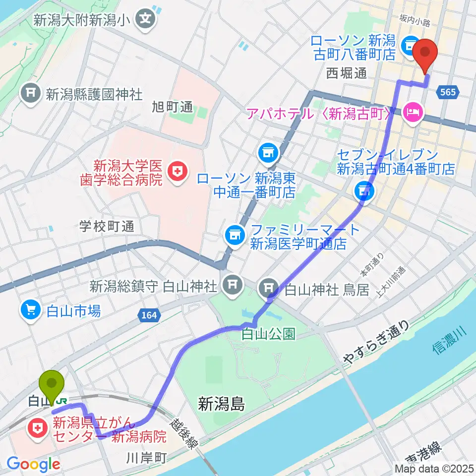 白山駅からジョイアミーアへのルートマップ地図