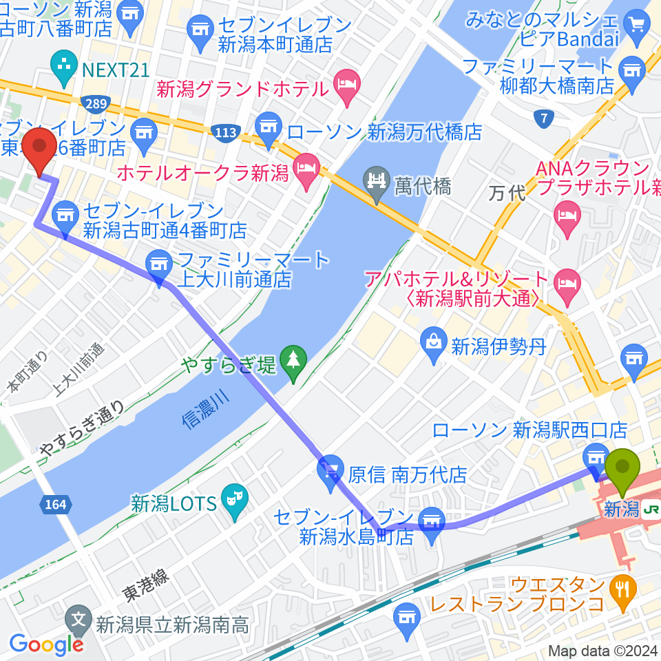 新潟駅からジャズ喫茶スワンへのルートマップ地図