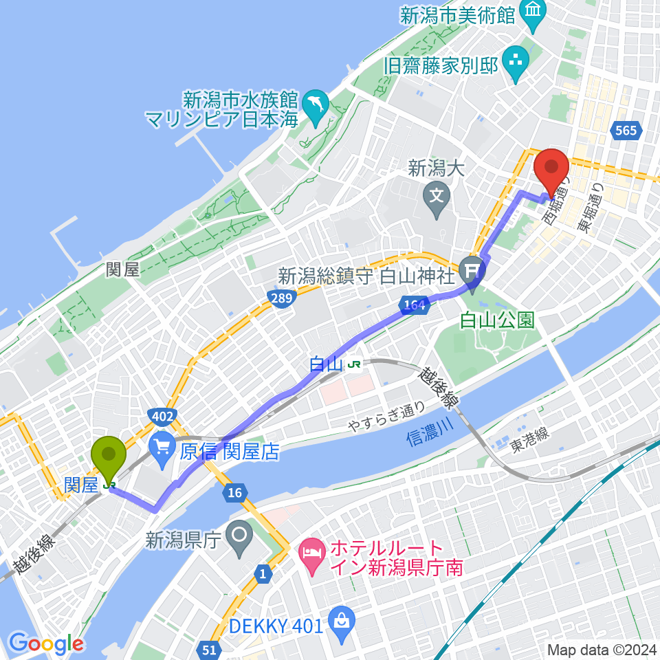 関屋駅からジャズ喫茶スワンへのルートマップ地図