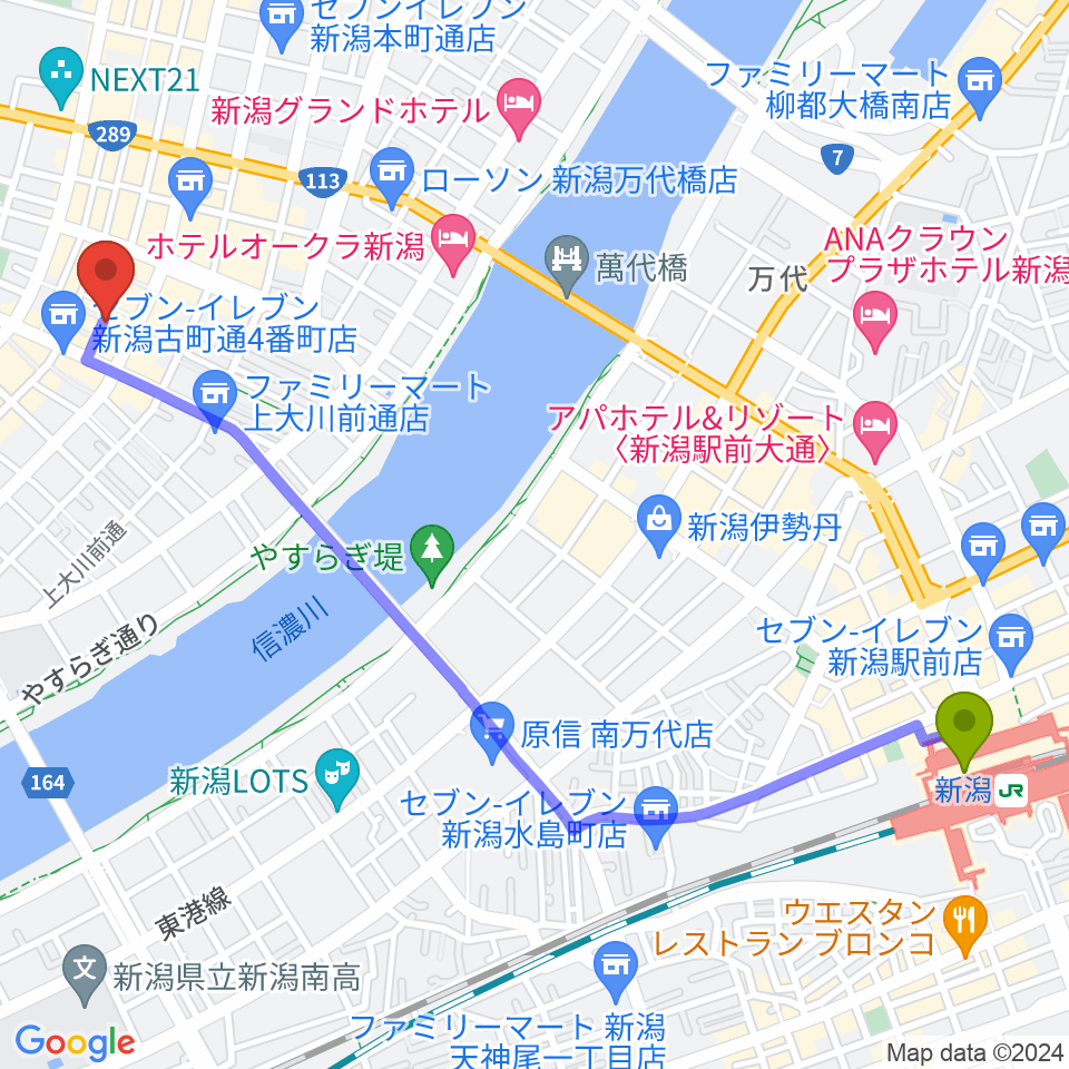 新潟駅から新潟JAZZ FLASHへのルートマップ地図